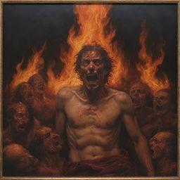 Emphasize the stark contrast between Heaven and Hell, showing inhabitants of Hell being consumed by flames, their faces reflecting sorrowful crying, framed against the backdrop of serene Heaven.