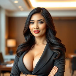 An elegant and sensual beautiful Indonesian woman with a confident demeanor, characterized by her stunning curves and prominent chest