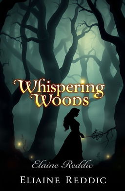 A mystical forest known as the Whispering Woods, featuring towering, gnarled trees enveloped in a soft, eerie fog that creates an atmosphere of intrigue