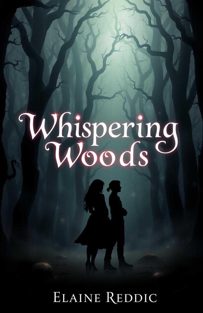 A mystical forest known as the Whispering Woods, featuring towering, gnarled trees enveloped in a soft, eerie fog that creates an atmosphere of intrigue