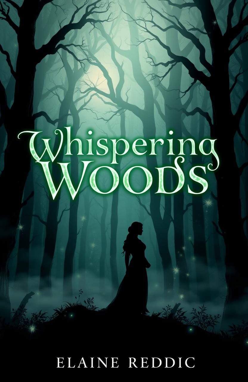 A mystical forest known as the Whispering Woods, featuring towering, gnarled trees enveloped in a soft, eerie fog that creates an atmosphere of intrigue