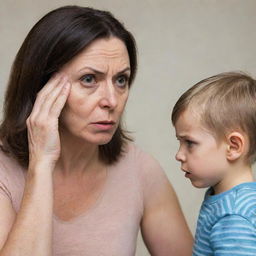 A stern-looking mother scolding her son, emphasising the emotions of worry and regret on the boy's face.