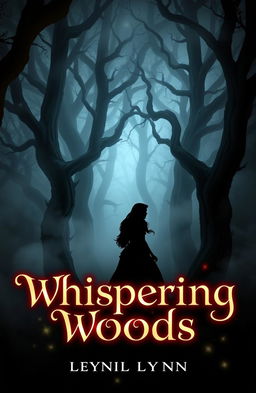 A book cover depicting the dark, mystical Whispering Woods, filled with towering, gnarled trees enveloped in a soft, eerie fog that creates an atmosphere of intrigue