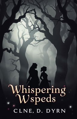 A book cover depicting the dark, mystical Whispering Woods, filled with towering, gnarled trees enveloped in a soft, eerie fog that creates an atmosphere of intrigue