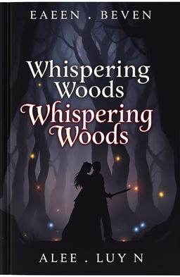 A book cover depicting the dark, mystical Whispering Woods, filled with towering, gnarled trees enveloped in a soft, eerie fog that creates an atmosphere of intrigue