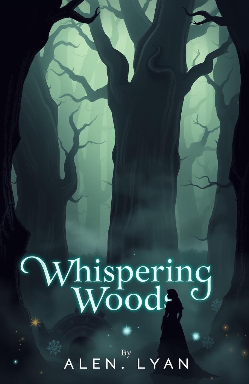 A book cover depicting the dark, mystical Whispering Woods, filled with towering, gnarled trees enveloped in a soft, eerie fog that creates an atmosphere of intrigue