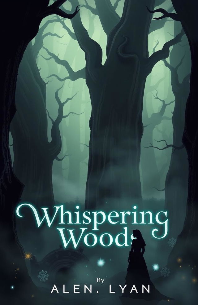 A book cover depicting the dark, mystical Whispering Woods, filled with towering, gnarled trees enveloped in a soft, eerie fog that creates an atmosphere of intrigue