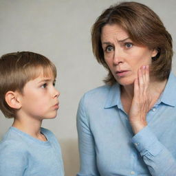 A stern-looking mother scolding her son, emphasising the emotions of worry and regret on the boy's face.