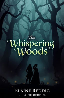 A dark, mystical forest known as the Whispering Woods, featuring towering, gnarled trees enveloped in a soft, eerie fog