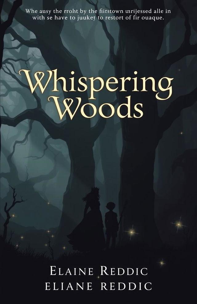 A dark, mystical forest known as the Whispering Woods, featuring towering, gnarled trees enveloped in a soft, eerie fog