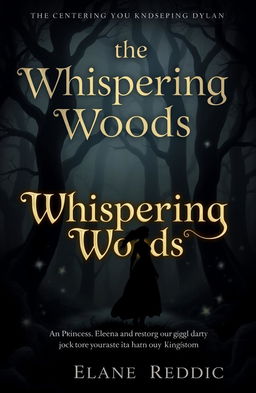 A dark, mystical forest known as the Whispering Woods, featuring towering, gnarled trees enveloped in a soft, eerie fog