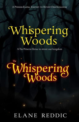 A dark, mystical forest known as the Whispering Woods, featuring towering, gnarled trees enveloped in a soft, eerie fog