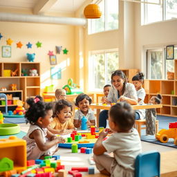 A vibrant and colorful daycare center filled with happy children playing