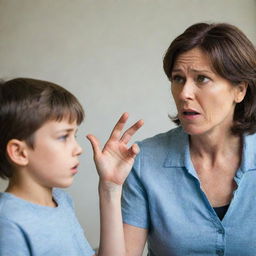 A stern-looking mother scolding her son, emphasising the emotions of worry and regret on the boy's face.