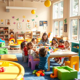 A vibrant and colorful daycare center filled with happy children playing