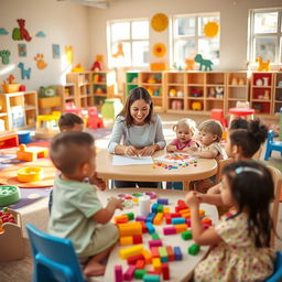 A vibrant and colorful daycare center filled with happy children playing