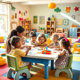 A vibrant and colorful daycare center filled with happy children playing