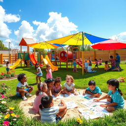 A lively daycare playground with various play equipment, such as a colorful slide, swings, and climbing structures