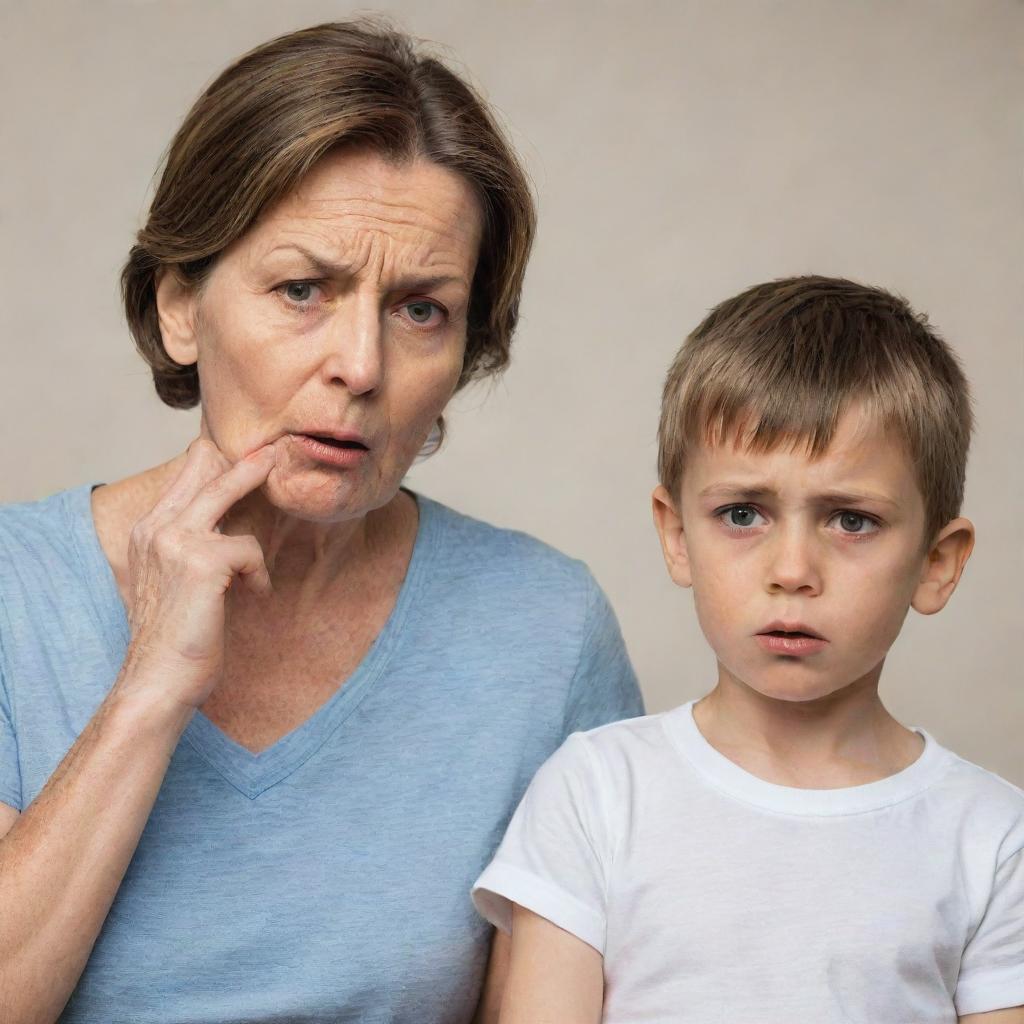 A stern-looking mother scolding her son, emphasising the emotions of worry and regret on the boy's face.