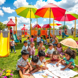 A lively daycare playground with various play equipment, such as a colorful slide, swings, and climbing structures