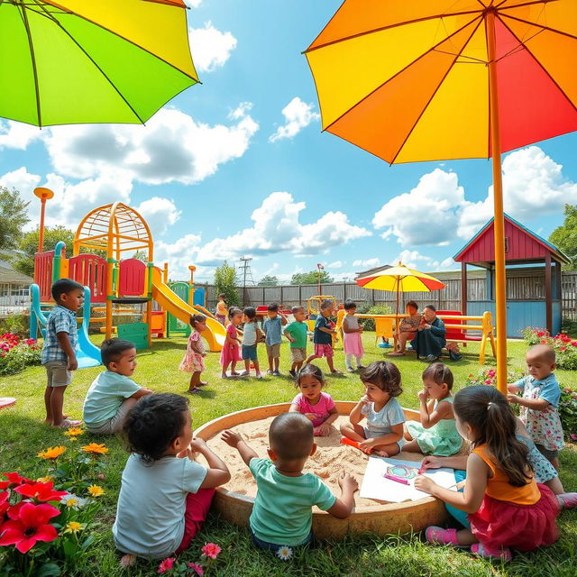 A lively daycare playground with various play equipment, such as a colorful slide, swings, and climbing structures