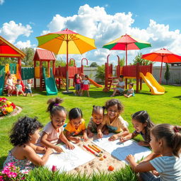 A lively daycare playground with various play equipment, such as a colorful slide, swings, and climbing structures