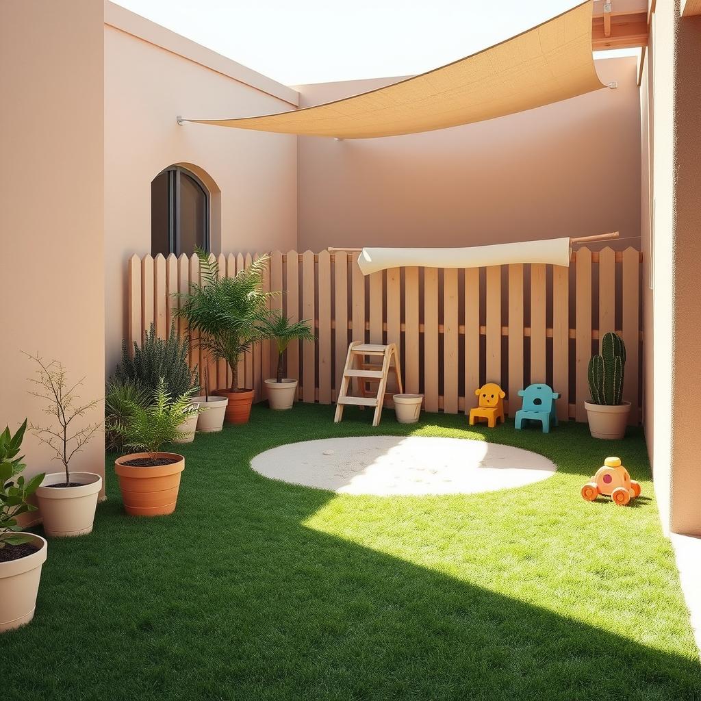 A serene and minimalistic childcare patio, featuring soft earthy tones and a few select colors