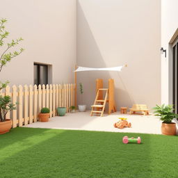 A serene and minimalistic childcare patio, featuring soft earthy tones and a few select colors