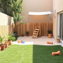 A serene and minimalistic childcare patio, featuring soft earthy tones and a few select colors