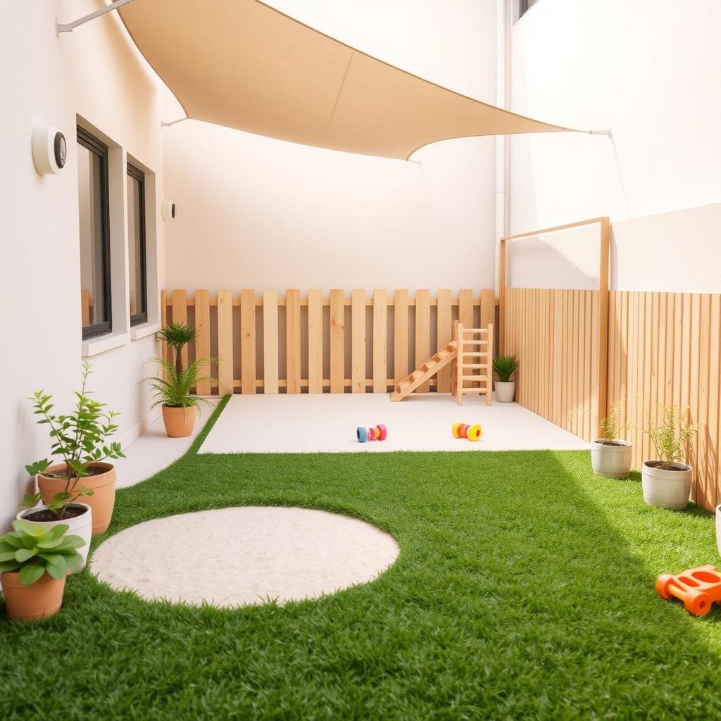 A serene and minimalistic childcare patio, featuring soft earthy tones and a few select colors