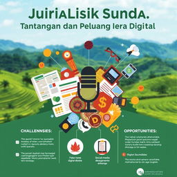 A dynamic and engaging infographic about 'Jurnalistik Sunda: Tantangan dan Peluang di Era Digital'