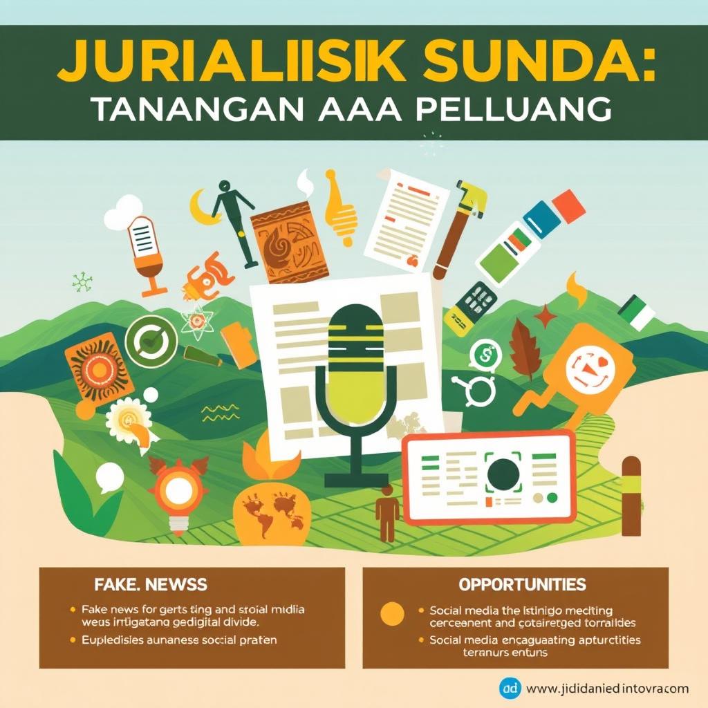 A dynamic and engaging infographic about 'Jurnalistik Sunda: Tantangan dan Peluang di Era Digital'