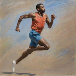 In the style of Claude Monet, an image of an African American man mid-run. He's dynamically posed, his body tilted forward, illustrating movement and urgency. The Impressionistic background streaks with his pace, enhancing the feeling of flight.