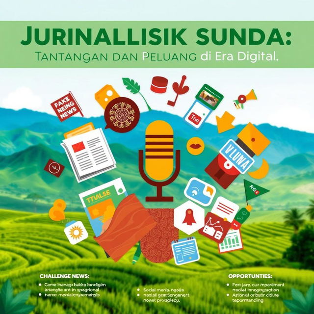 A dynamic and engaging infographic about 'Jurnalistik Sunda: Tantangan dan Peluang di Era Digital'