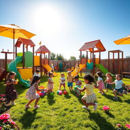 A lively daycare playground with various play equipment, including a colorful slide, swings, and climbing structures