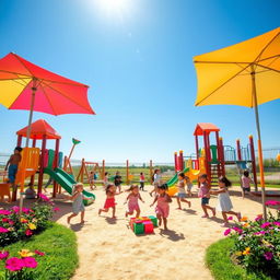 A lively daycare playground with various play equipment, including a colorful slide, swings, and climbing structures