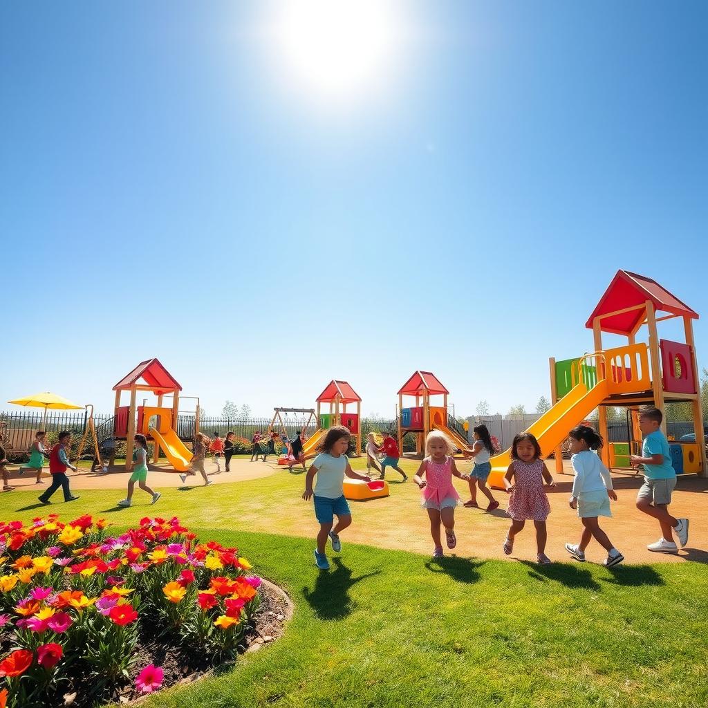 A lively daycare playground with various play equipment, including a colorful slide, swings, and climbing structures