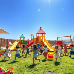 A lively daycare playground with various play equipment, including a colorful slide, swings, and climbing structures