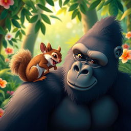 A playful scene showcasing a squirrel and a gorilla interacting in a vibrant, lively jungle setting