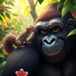 A playful scene showcasing a squirrel and a gorilla interacting in a vibrant, lively jungle setting