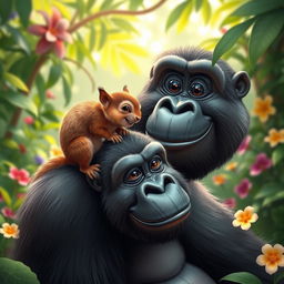 A playful scene showcasing a squirrel and a gorilla interacting in a vibrant, lively jungle setting