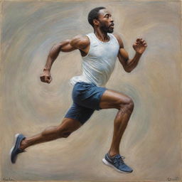 In the style of Claude Monet, an image of an African American man mid-run. He's dynamically posed, his body tilted forward, illustrating movement and urgency. The Impressionistic background streaks with his pace, enhancing the feeling of flight.