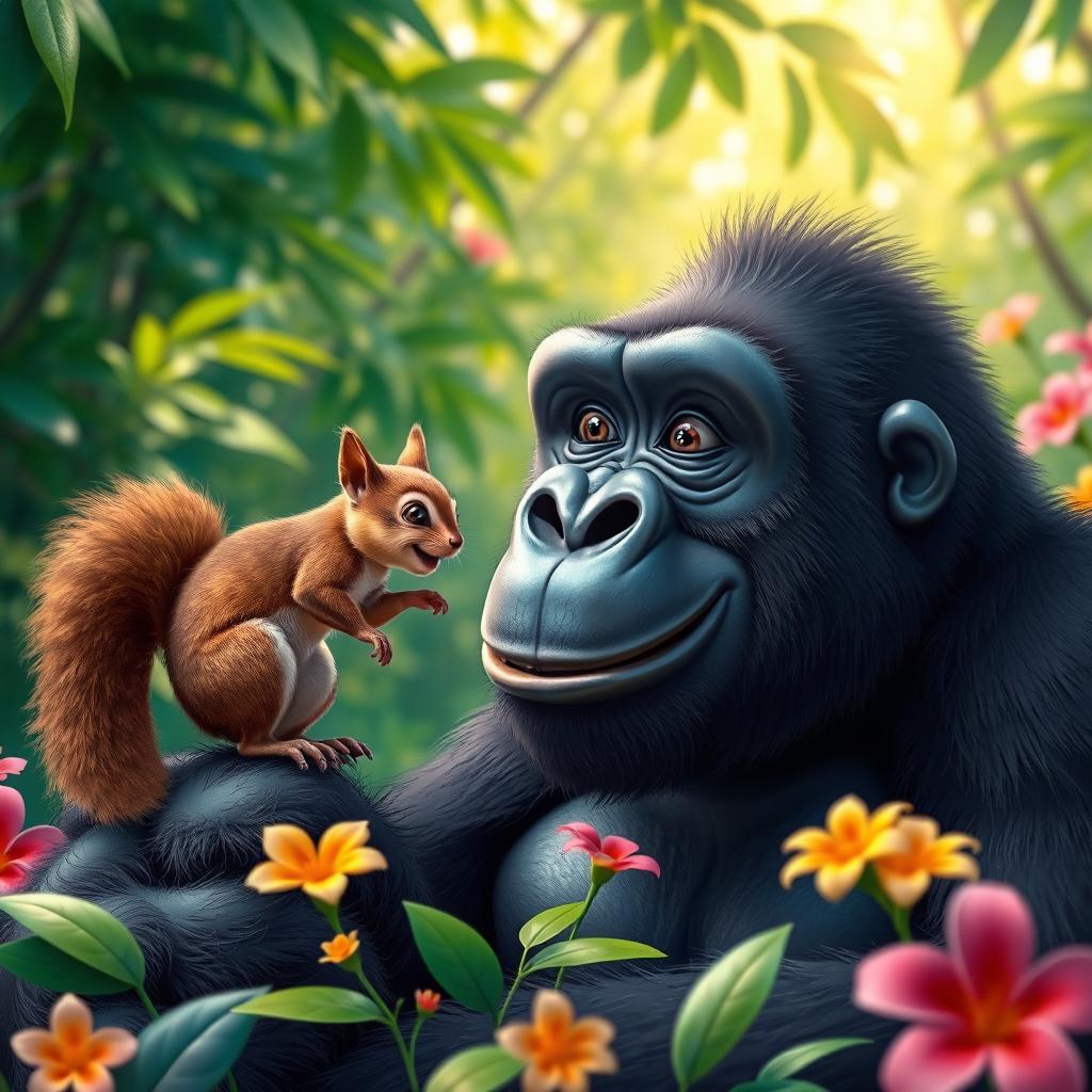 A playful scene showcasing a squirrel and a gorilla interacting in a vibrant, lively jungle setting