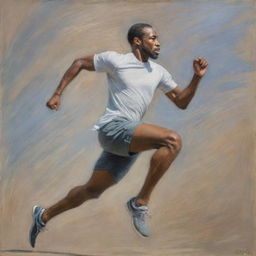 In the style of Claude Monet, an image of an African American man mid-run. He's dynamically posed, his body tilted forward, illustrating movement and urgency. The Impressionistic background streaks with his pace, enhancing the feeling of flight.