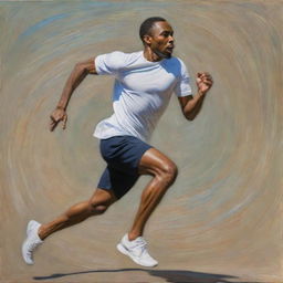 In the style of Claude Monet, an image of an African American man mid-run. He's dynamically posed, his body tilted forward, illustrating movement and urgency. The Impressionistic background streaks with his pace, enhancing the feeling of flight.