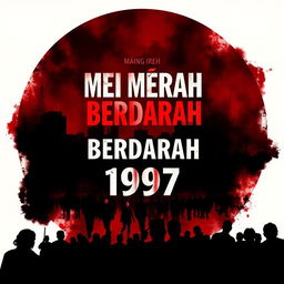 A chilling book cover titled "MEI MERAH BERDARAH 1997" featuring a dramatic background in shades of red and black