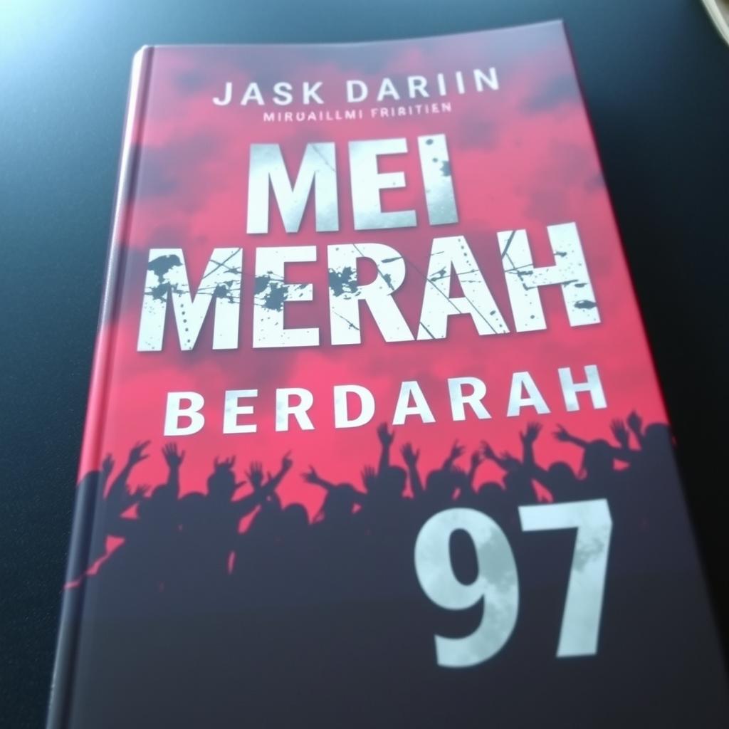 A gripping book cover for the title "MEI MERAH BERDARAH 1997" featuring a striking background of deep red and black