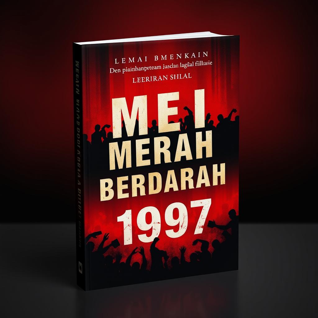 A gripping book cover for the title "MEI MERAH BERDARAH 1997" featuring a striking background of deep red and black