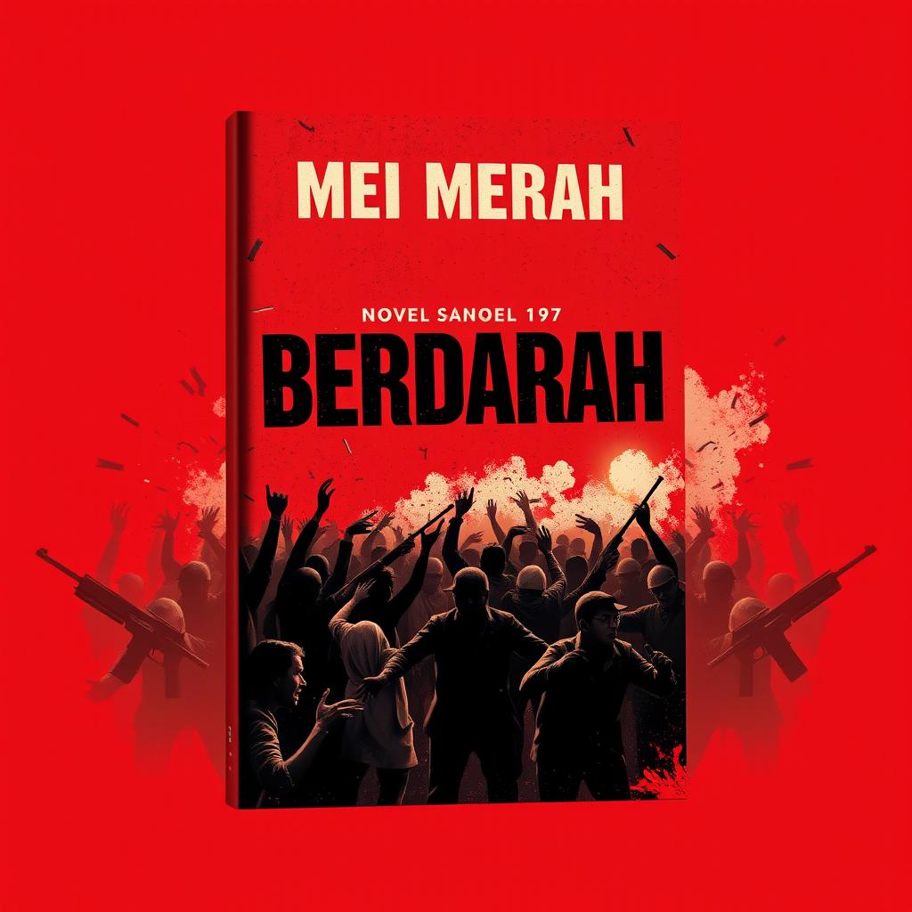 Create a novel cover for 'MEI MERAH BERDARAH 1997' featuring a striking red background that symbolizes chaos and violence