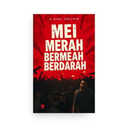 Create a novel cover for 'MEI MERAH BERDARAH 1997' featuring a striking red background that symbolizes chaos and violence